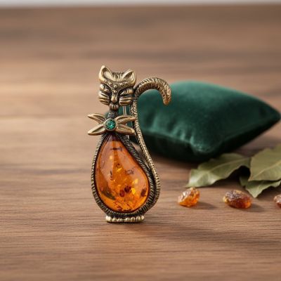 Кошечка с бантиком: латунь, янтарь – очарование в каждой детали