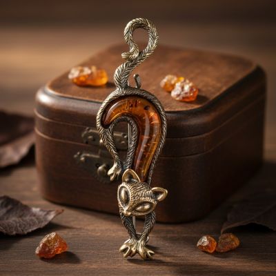 Брошь "Кот Мурлыка": Ручная работа из латуни и натурального янтаря