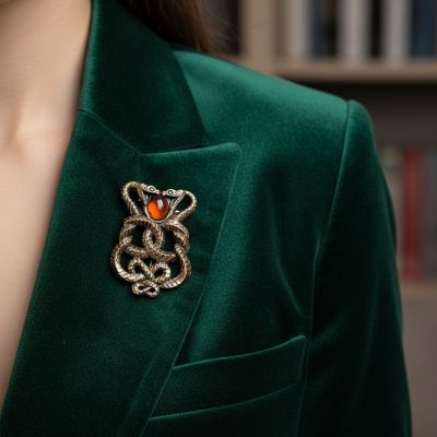 Изысканная брошь "Змеи Переплетение" из латуни с натуральным янтарем.